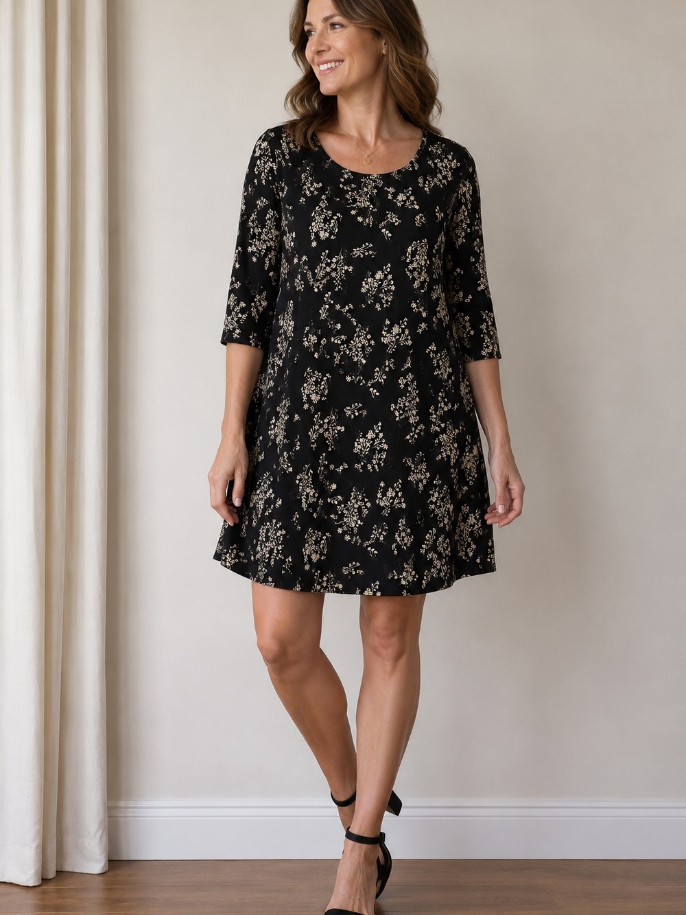nine britton Black Mini Dress with Cream Floral Motif
